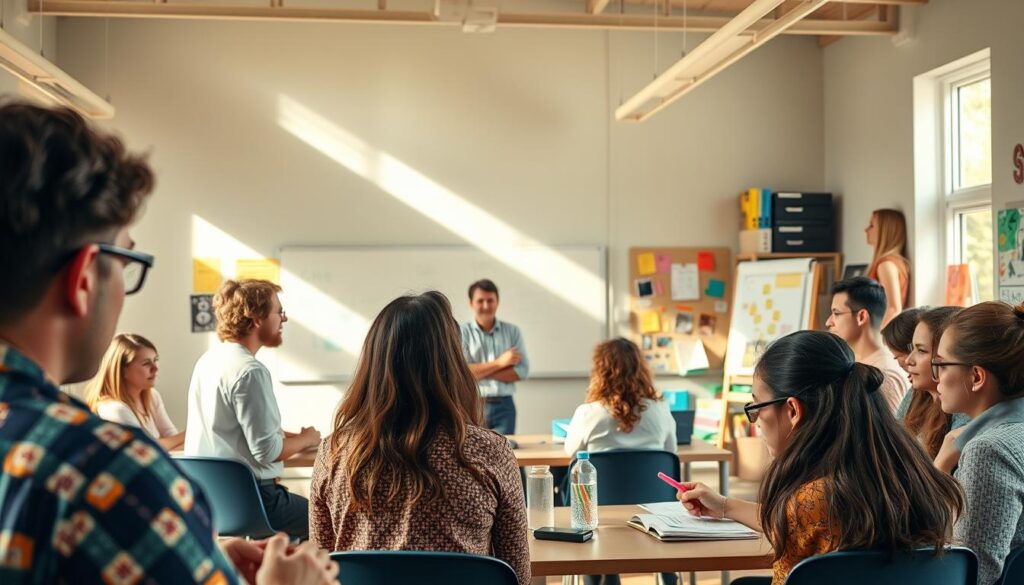 A lively, participatory educational event takes place in a sun-dappled classroom. In the foreground, a diverse group of learners actively engage in collaborative discussions, sharing ideas and insights. The middle ground features a facilitator guiding the session, using hands-on activities and visual aids to foster an interactive learning environment. In the background, the room is filled with colorful educational materials, whiteboards, and a sense of vibrant energy. Soft, warm lighting casts a welcoming glow, and the angles suggest an intimate, inclusive setting that encourages participation and learning. A lively, participatory educational event takes place in a sun-dappled classroom. In the foreground, a diverse group of learners actively engage in collaborative discussions, sharing ideas and insights. The middle ground features a facilitator guiding the session, using hands-on activities and visual aids to foster an interactive learning environment. In the background, the room is filled with colorful educational materials, whiteboards, and a sense of vibrant energy. Soft, warm lighting casts a welcoming glow, and the angles suggest an intimate, inclusive setting that encourages participation and learning.