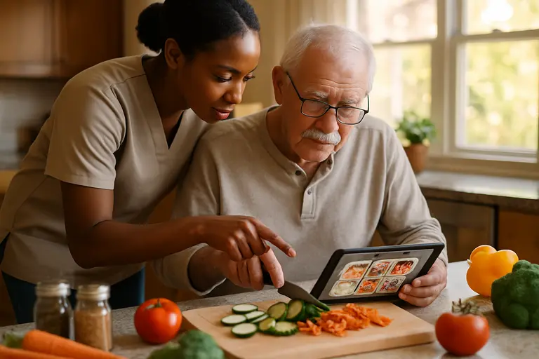 Caregiver reviewing a printed schedule with an older adult at a kitchen table