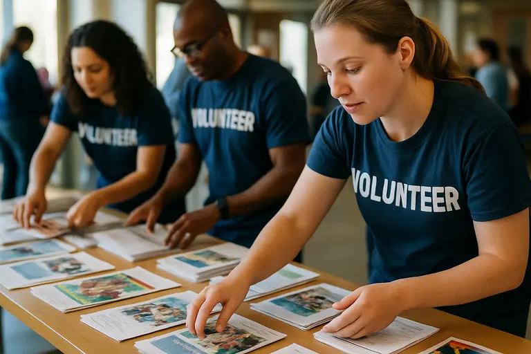 Community volunteers organizing family resource papers on a table