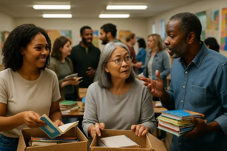 Faith and community volunteers helping adults organize education paperwork