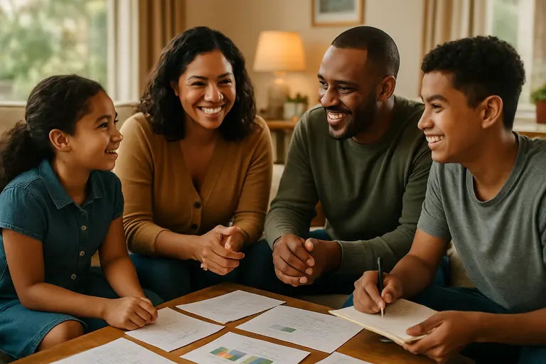 Parent and child review a weekly school calendar at home