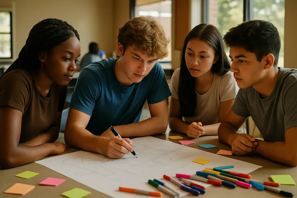 Youth discussing 375 Project Corridor maps at a Detroit community planning table