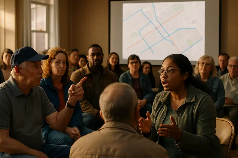 People attending a public meeting about street and bus improvements