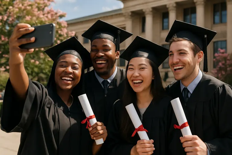 Graduates standing together outside a Detroit school building
