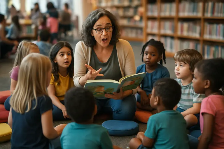 Students working at tables in a public library program area
