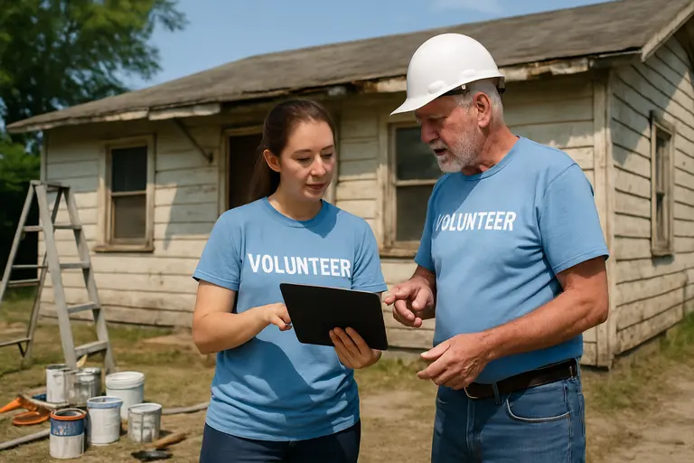 Neighborhood outreach worker reviewing a home repair referral checklist with a resident