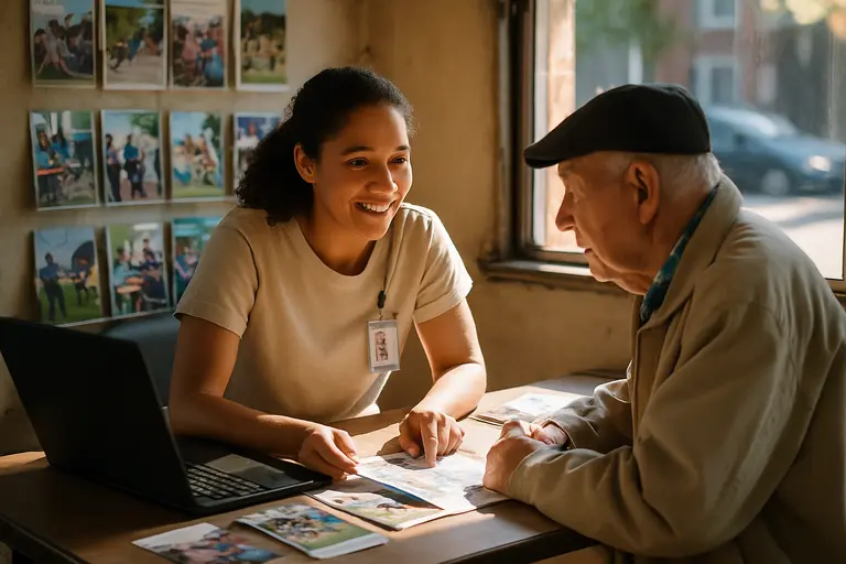 Community advocate helping a resident review housing notices at a table