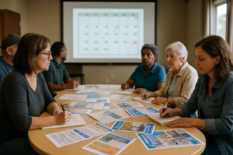 Community volunteers comparing school calendars at a meeting table
