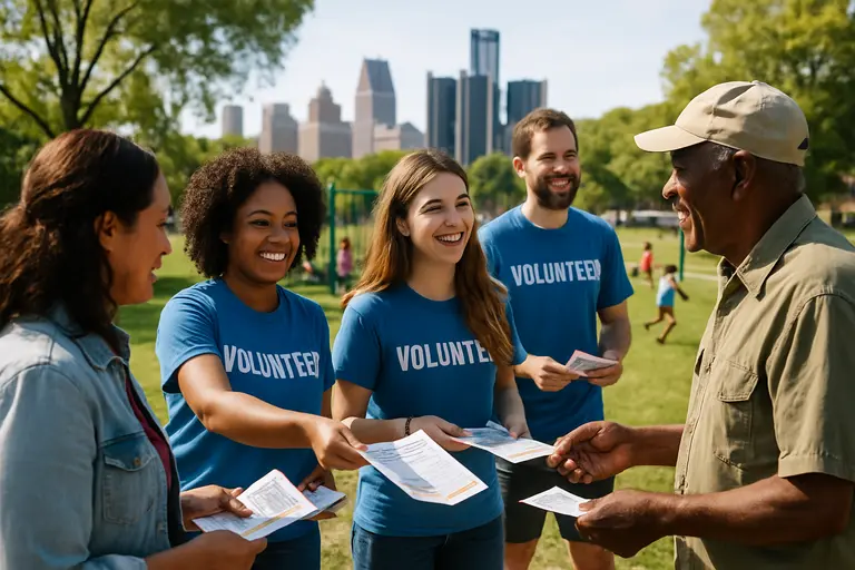 Community volunteers discuss resident support plans around a meeting table