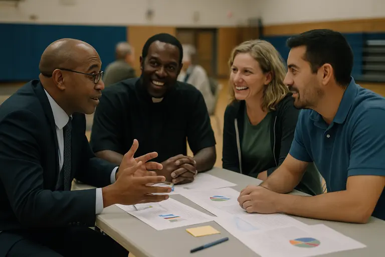Community volunteers helping students review transit routes at a table