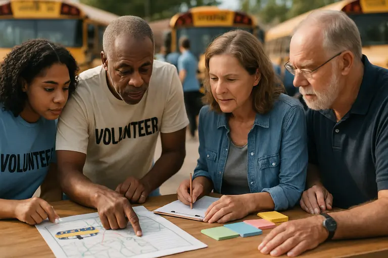 Community volunteers organizing student transportation information at a table