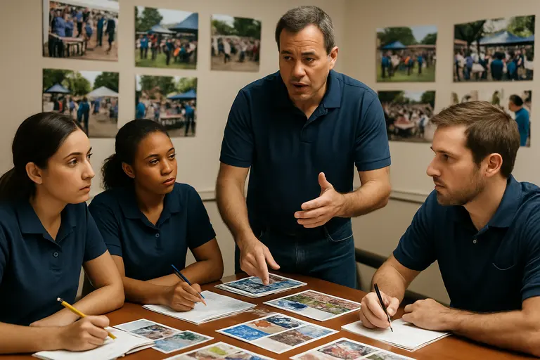 Community volunteers sorting written feedback from residents in a meeting room