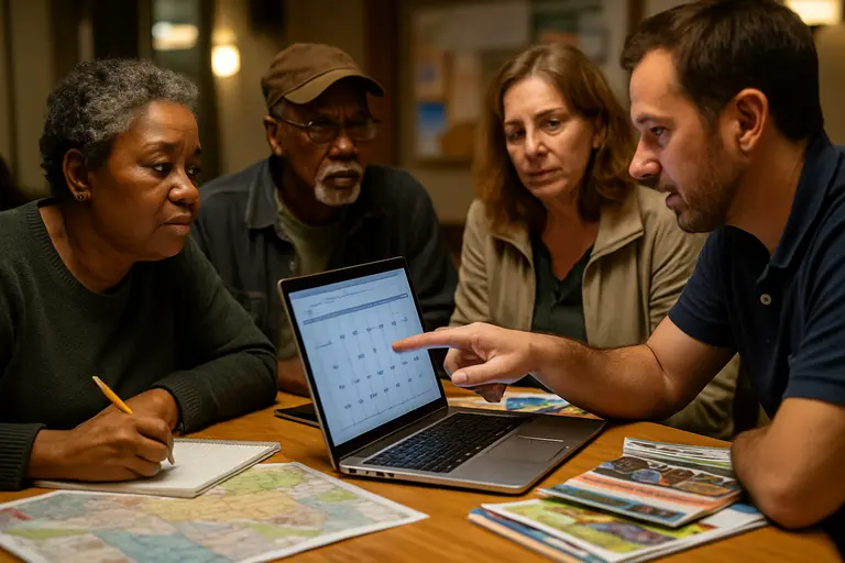 Volunteers organize resident questions for a housing support meeting