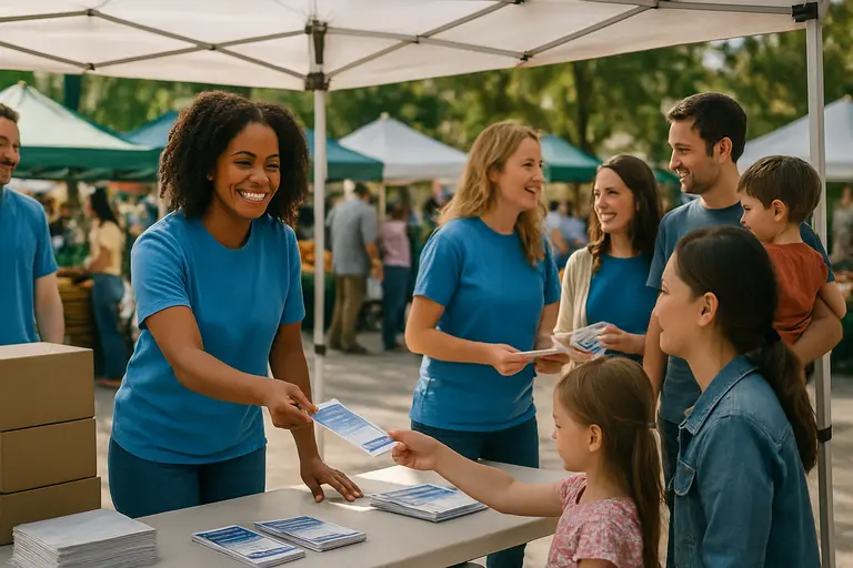 Volunteers organize voter information sheets on a community table