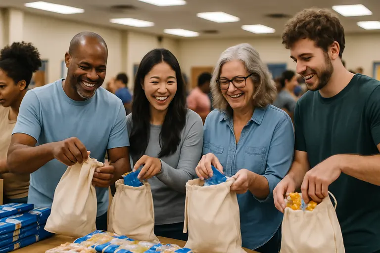 Volunteers organizing household supplies in a church community room