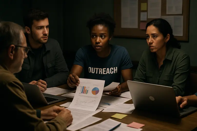 Volunteers reviewing forms, maps, and grocery needs at a meeting table